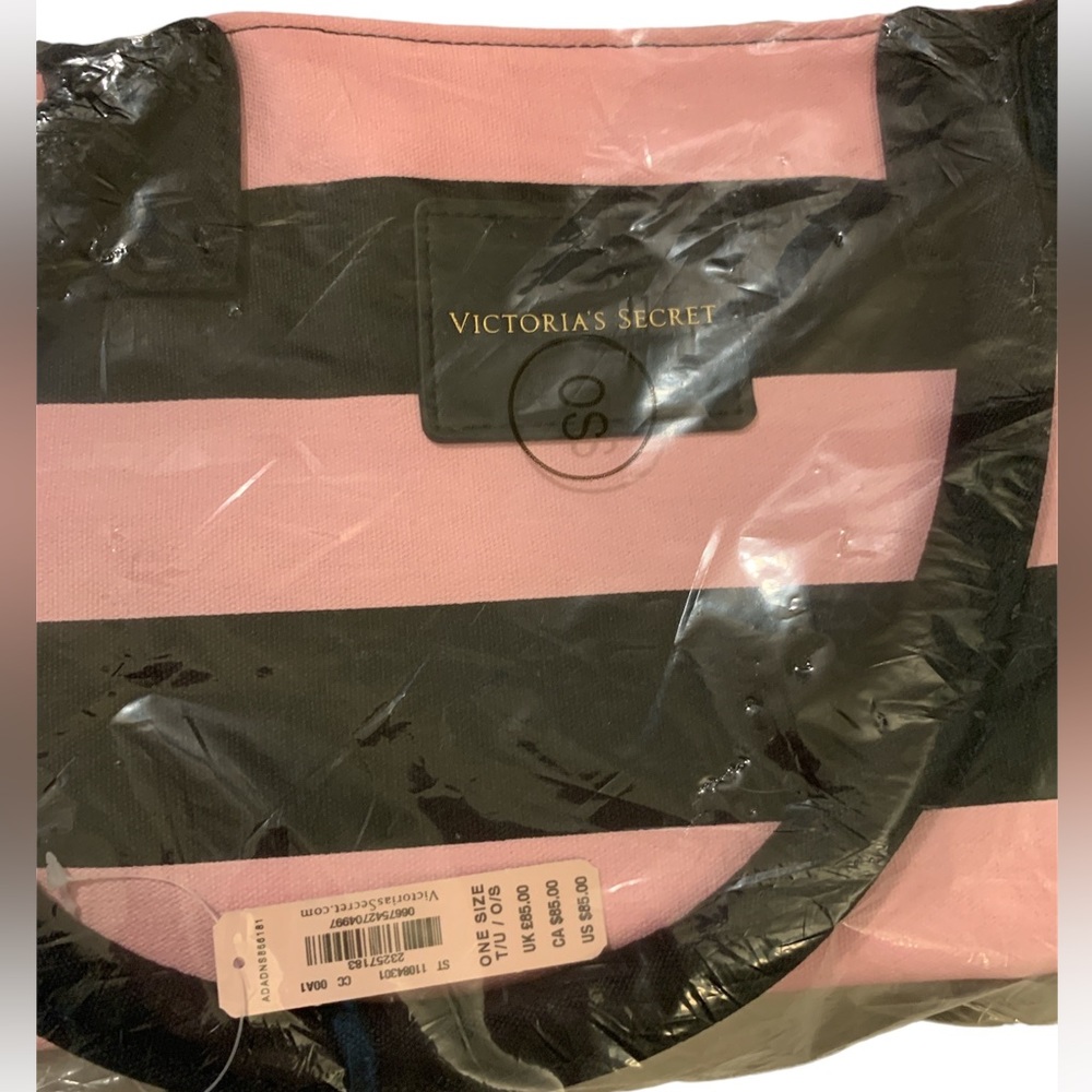 Victoria’s Secret Pink Black Stripe Canvas Adorable Tote Beach Weekender BNWT - Picture 6 of 7